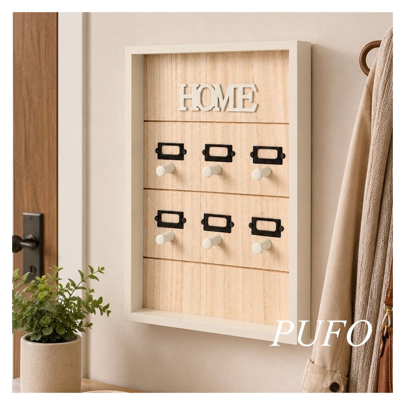 Pufo Home Стенна кутия за ключове, Декоративен дървен органайзер, Крем, за антре, дом или офис - 2