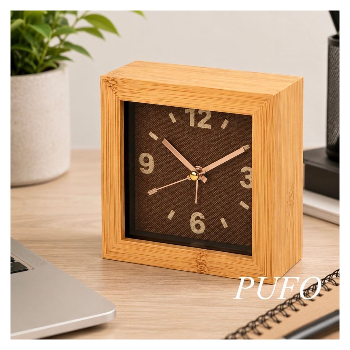 Будилник Pufo Bamboo Square 10 см, Кафяв, Елегантен дизайн за спалня или офис - 2
