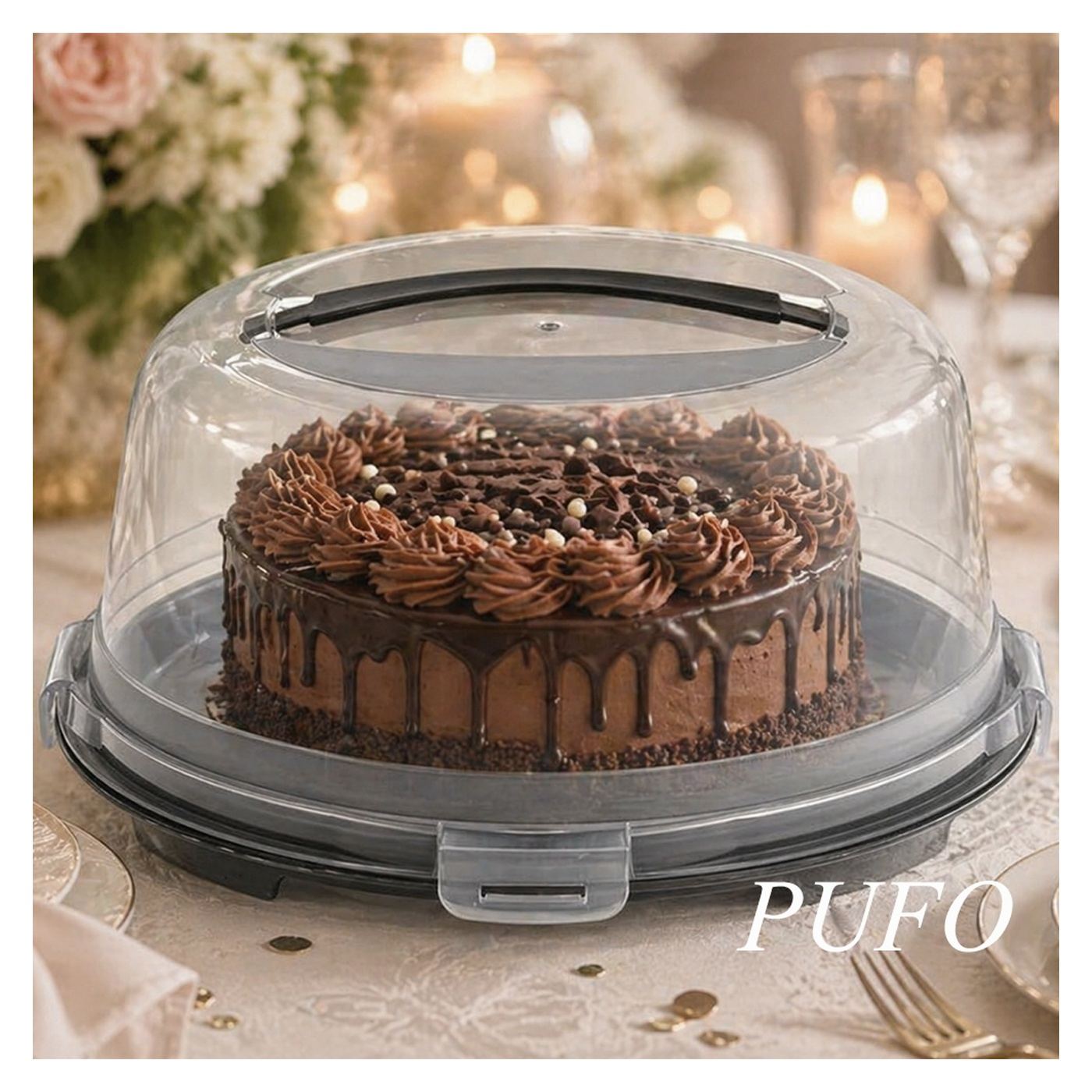 Pufo Cookies Кръгла плато с прозрачен капак за сервиране на торти, сладкиши, мъфини, Ø 30 см, Сиво - 4