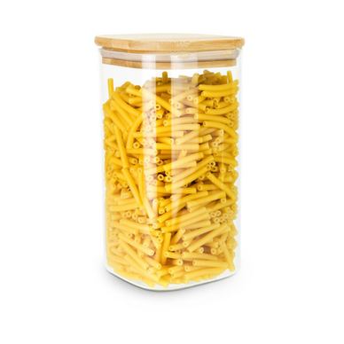Borcan depozitare Rominox Cubo, 1,3 L, sticla borosilicata, capac bambus, etansare