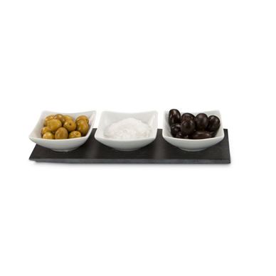 Set servire Rominox Tre Ardesia, 3 boluri ceramica, placa ardezie, aperitive si sosuri