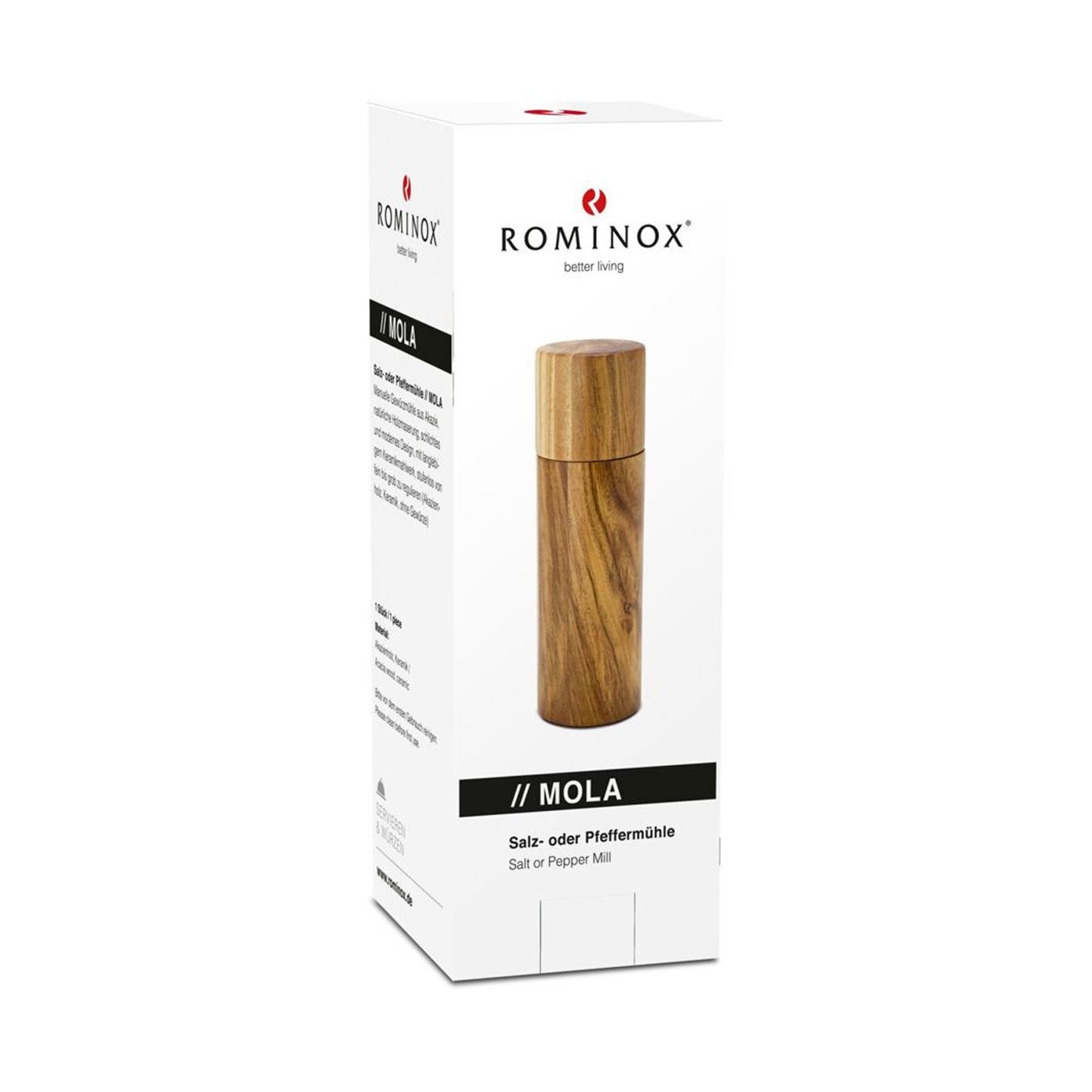Ръчна мелница Rominox Mola за сол или пипер, от акациево дърво, с керамичен механизъм и финна до едра настройка - 4