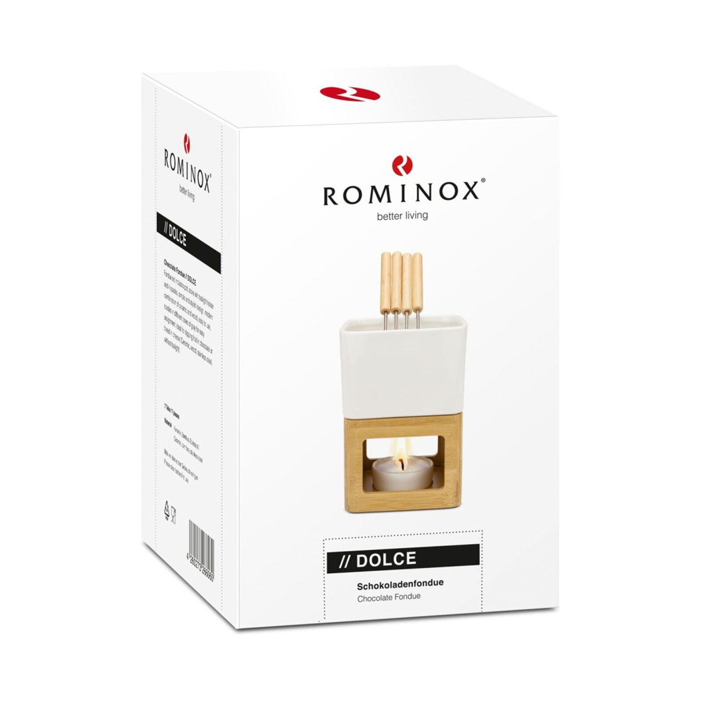 Комплект за фондю Rominox Dolce, шоколад, керамика, бамбук, 4 вилички, стойка за свещ, 11 x 15 см - 8