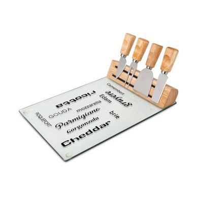 Σετ τυριών Rominox Vetro, πλάκα γυαλιού, 4 σκεύη ανοξείδωτου χάλυβα, μαγνητικός στήριγμα, 30 x 20 εκ.