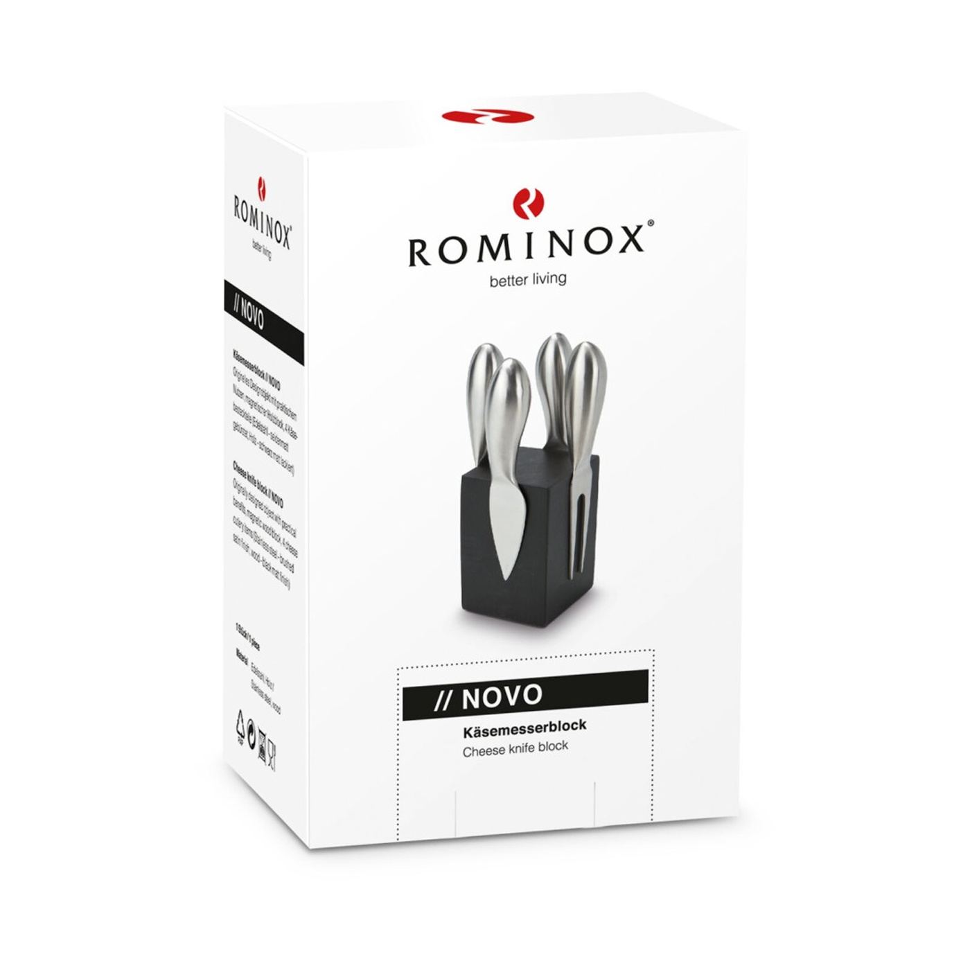 Блок за ножове за сирене Rominox Novo, 4 броя, магнитна стойка, черен дървен, 6 x 6 x 8,5 см - 3