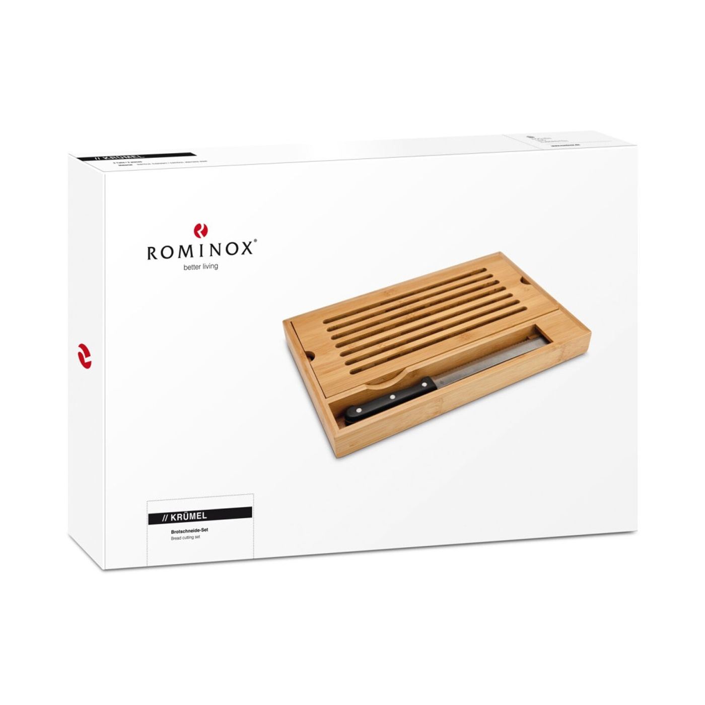 Комплект за рязане на хляб Rominox Krumel, дъска за рязане от бамбук, изваждаща тава за трохи, нож, 38 x 25 см - 7