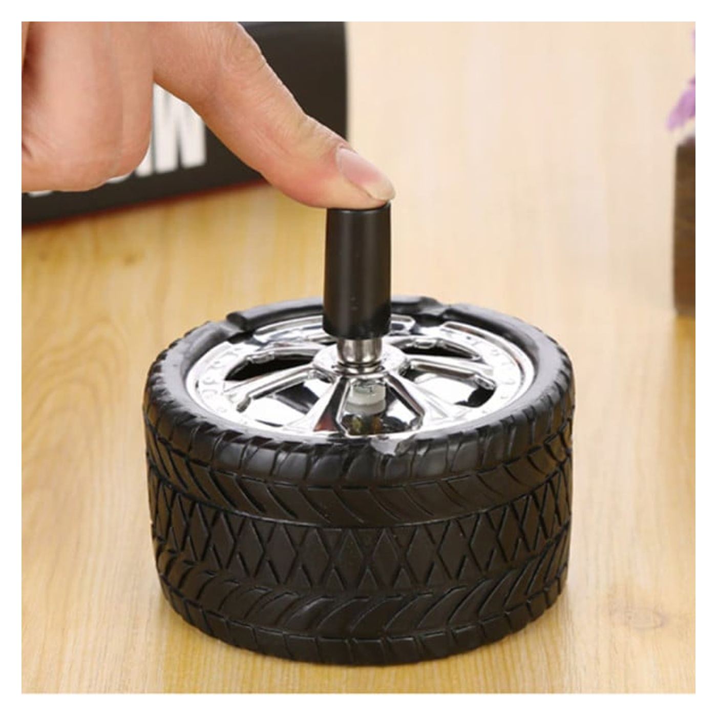 Scrumiera metalica Pufo Angry Wheel, antivant cu buton, 10 cm, negru/ argintiu - 3