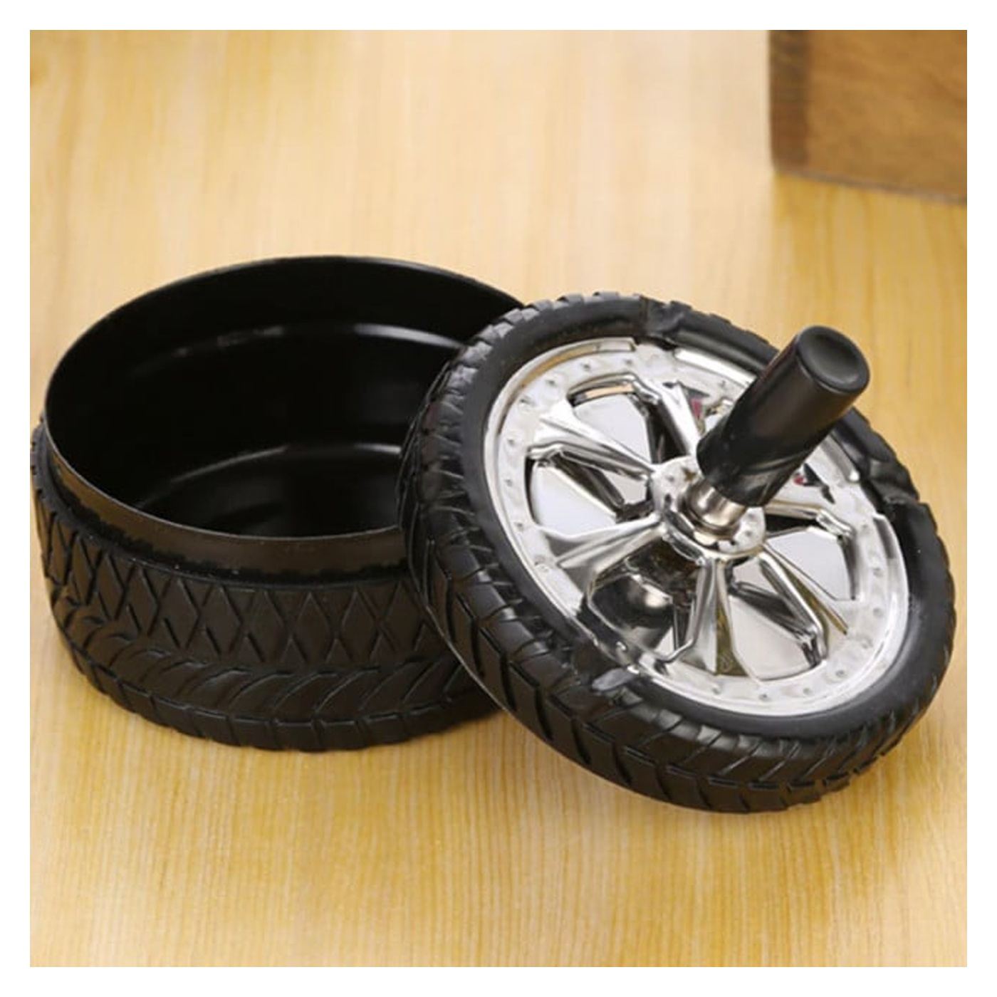 Scrumiera metalica Pufo Angry Wheel, antivant cu buton, 10 cm, negru/ argintiu - 4