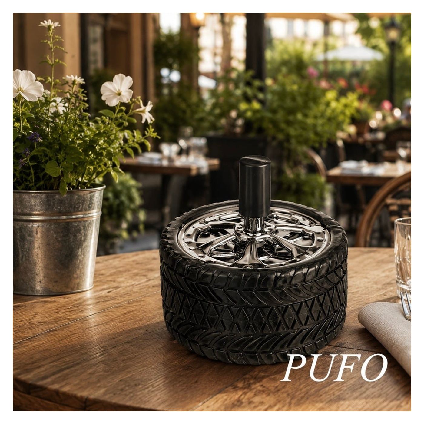 Scrumiera metalica Pufo Angry Wheel, antivant cu buton, 10 cm, negru/ argintiu - 5