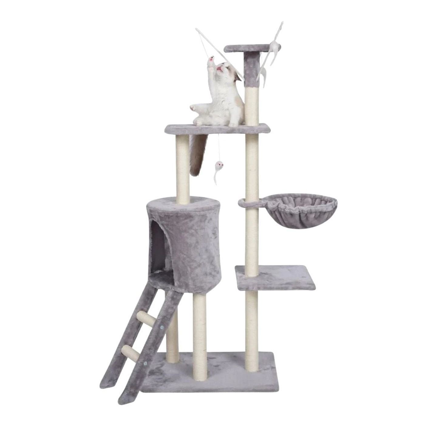 Комплект за игра с котка с къщичка, хамак и играчки – сив, 145 см - 2
