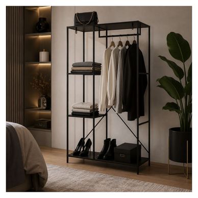 Elegantno stojalo za oblačila s policami in palico za obešanje, sodoben industrijski dizajn, črno, 90 x 40 x 166,5 cm