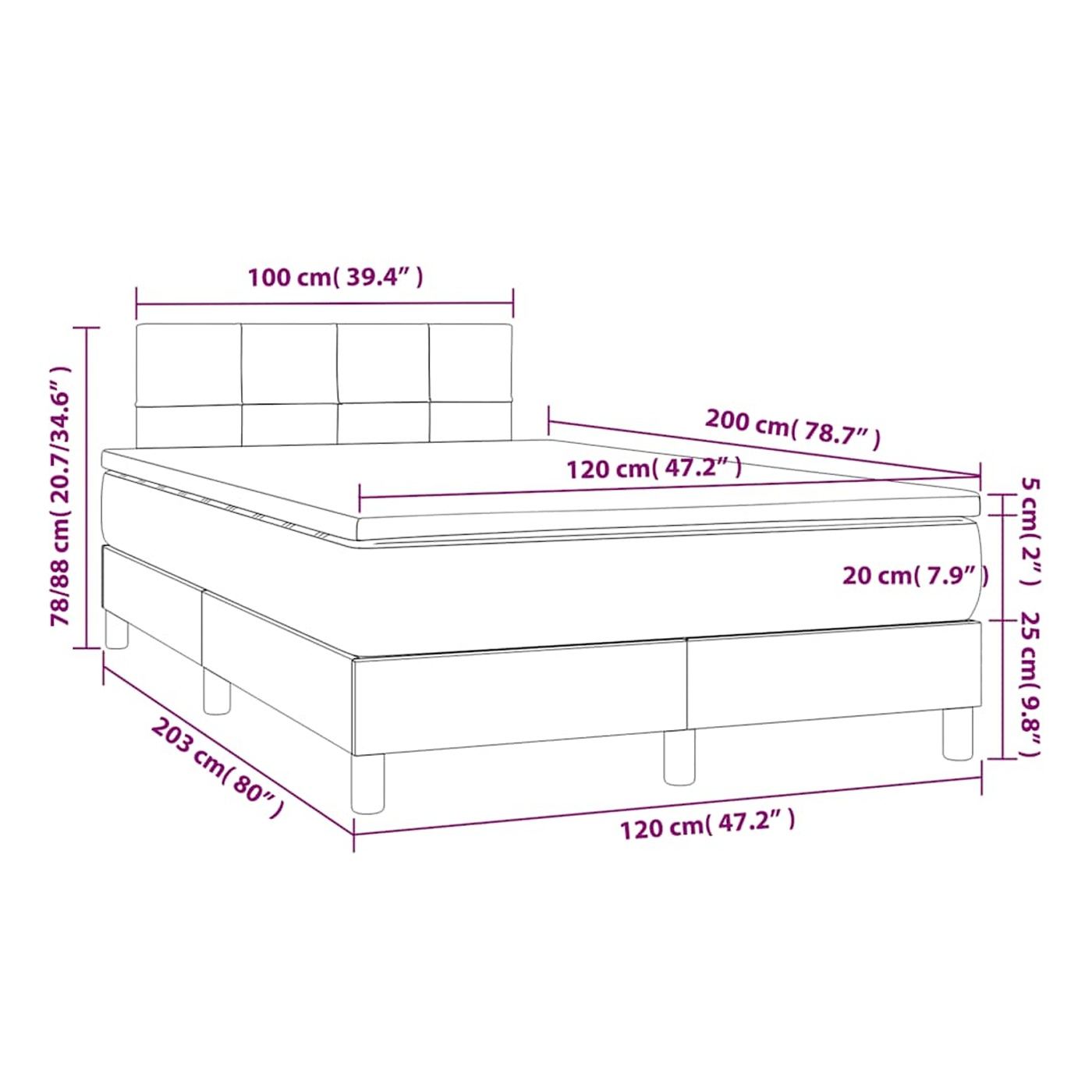 Okvir za krevet s madracem i LED rasvjetom, crni, 120x200 cm, tekstil - 8