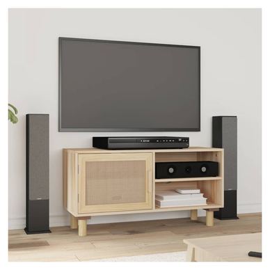 TV шкаф, кафяв, 80x30x40 см, масивна борова дървесина и естествен ратан