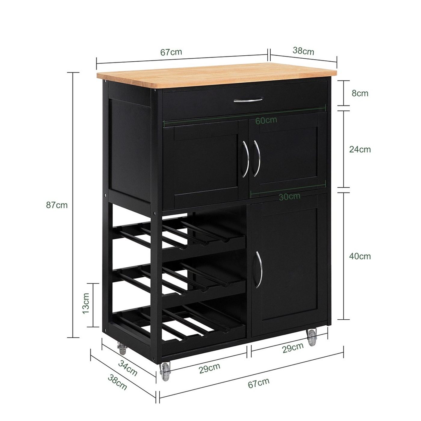 SoBuy Kuhinjska kolica s policama za boce i ladicom, crna, 67x87x37 cm - 3