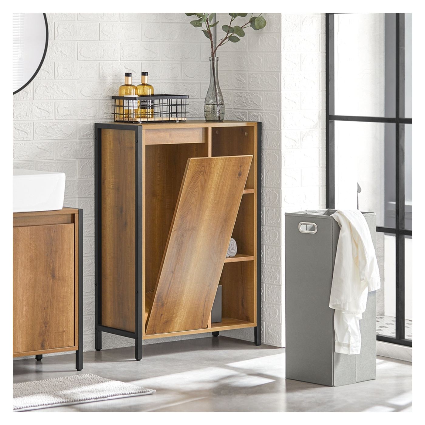 SoBuy Dulap Îngust pentru Baie cu Coș de Rufe 60x30x90 cm BZR65-PF - 7