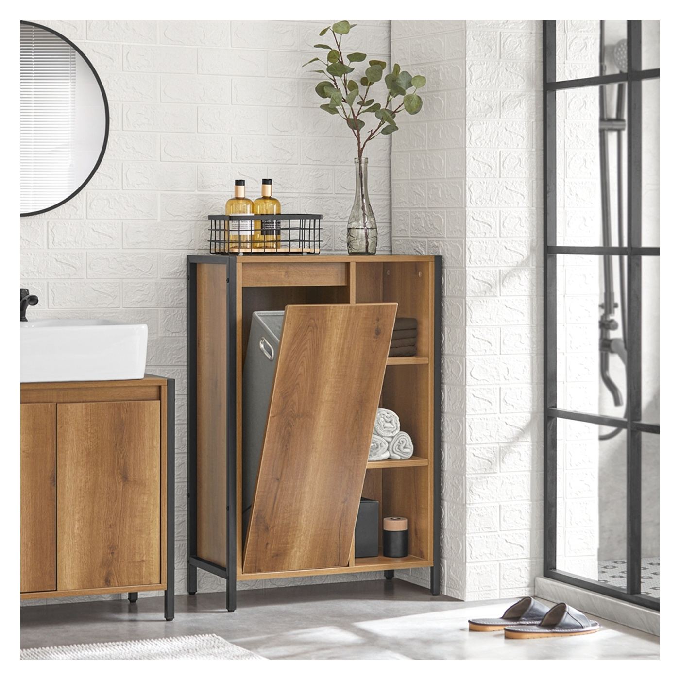 SoBuy Dulap Îngust pentru Baie cu Coș de Rufe 60x30x90 cm BZR65-PF - 5
