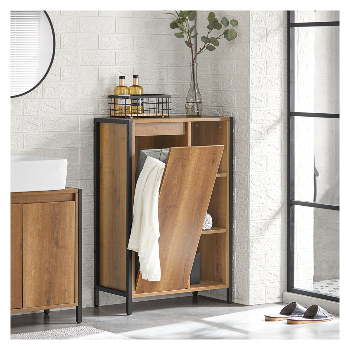 SoBuy Dulap Îngust pentru Baie cu Coș de Rufe 60x30x90 cm BZR65-PF - 6