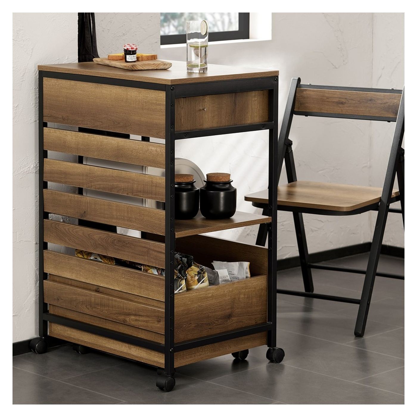 SoBuy Kuchyňský vozík Příborník 2 zásuvky Loft 45x60x90 cm FKW118-PF - 12