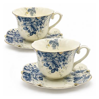 Serviciu Porțelan Vintage 2 Cești și farfurii BLUE FLOWERS