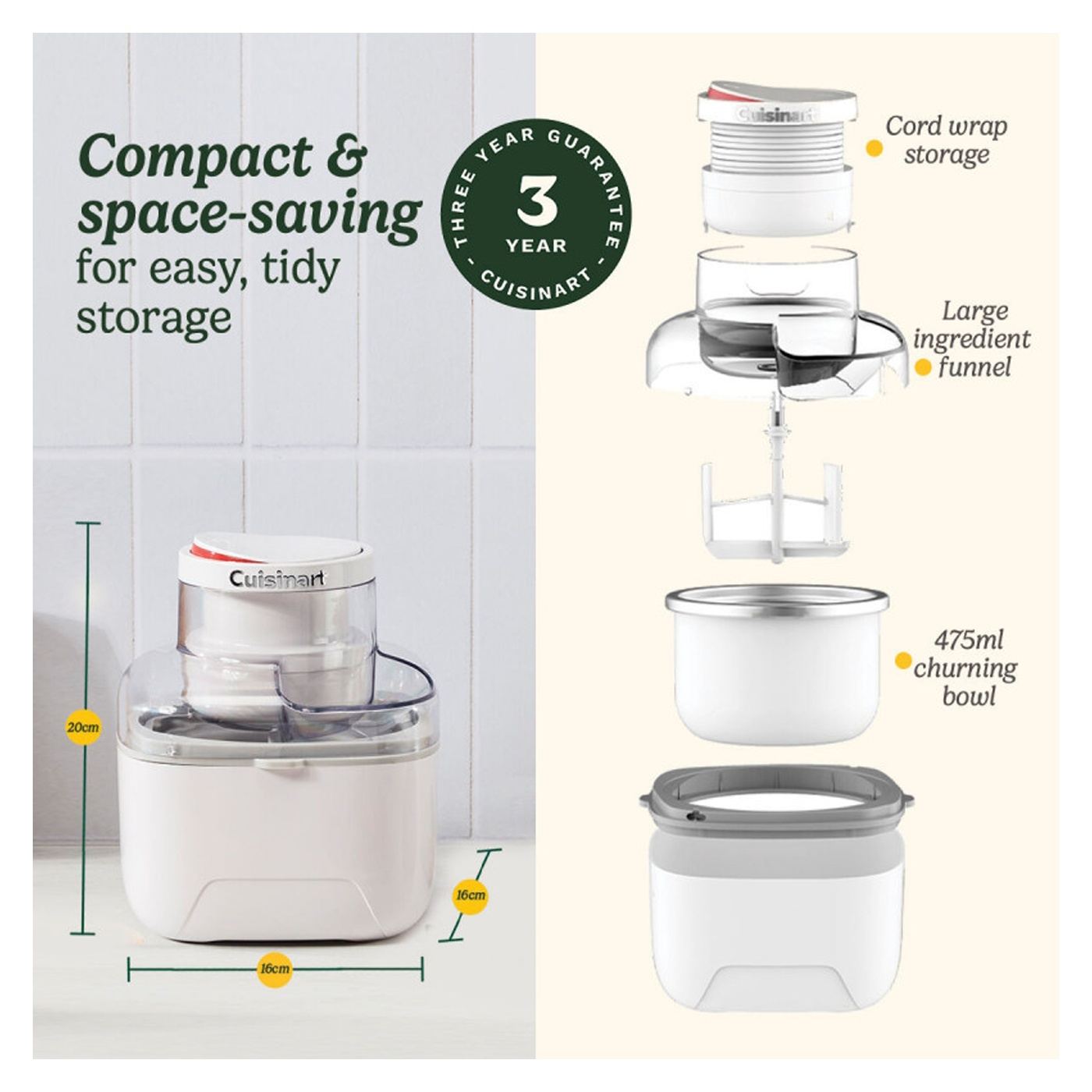 Μηχανή παγωτού Cuisinart Solo Scoops ICEM10E, 25W, 475 ml, έως 8 μπάλες παγωτού, Λευκό - 6