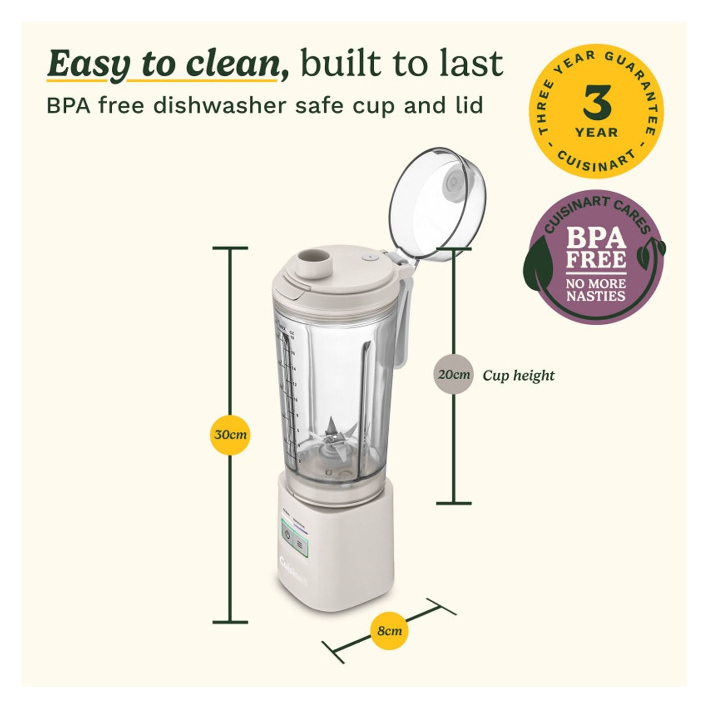Φορητός μπλέντερ Cuisinart Blast & Go PBL100E, 120W, 500 ml, 20000 σ/λεπτό, 2 λειτουργίες, χωρίς BPA, φόρτιση USB-C, Λευκό - 9