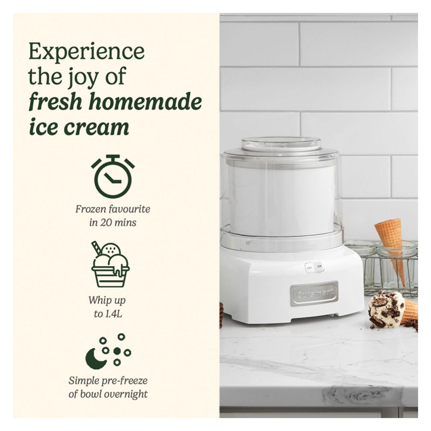 Μηχανή παγωτού Cuisinart Cool Scoops ICE21E, 35W, 1.4 L, έως 20 μπάλες παγωτού, διαφανές καπάκι με εύκολο κλείδωμα, λευκό - 2