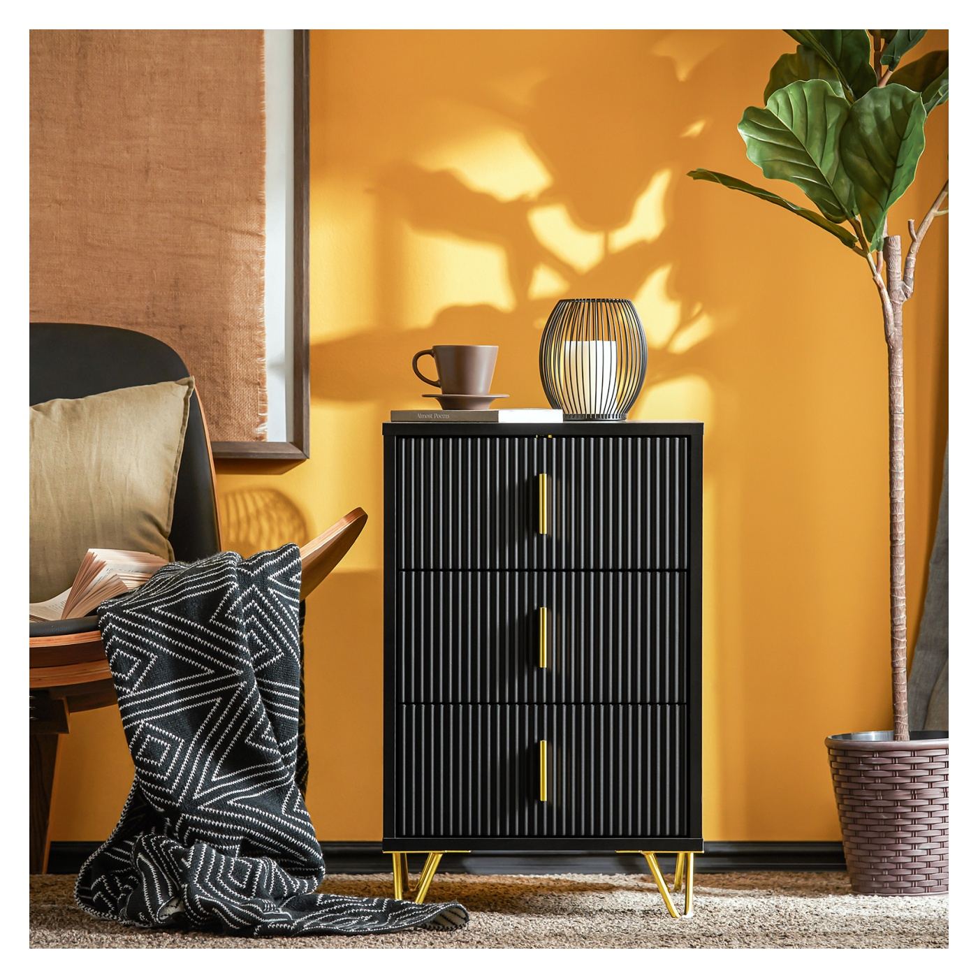 SoBuy Σετ 2 Κομοδίνων με 3 Συρτάρια, Μαύρο 40x36x63 cm FBT115-L-SCHx2 - 5