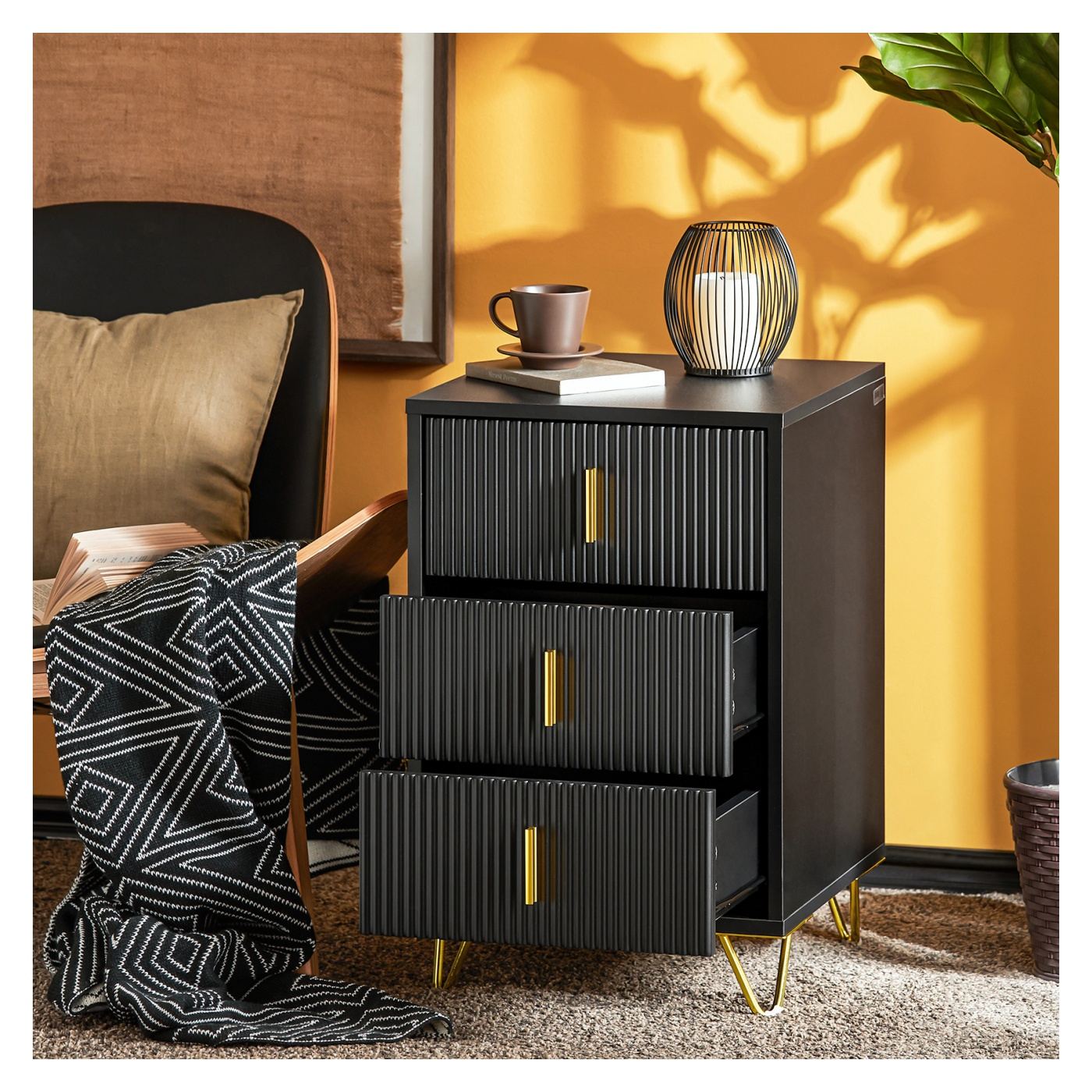 SoBuy Σετ 2 Κομοδίνων με 3 Συρτάρια, Μαύρο 40x36x63 cm FBT115-L-SCHx2 - 6