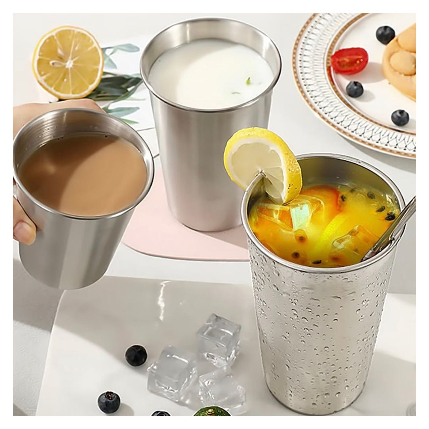 Комплект от 6 чаши Pufo Drink от неръждаема стомана, 500 мл, за многократна употреба, за напитки, къмпинг и пикник, сребрист - 5