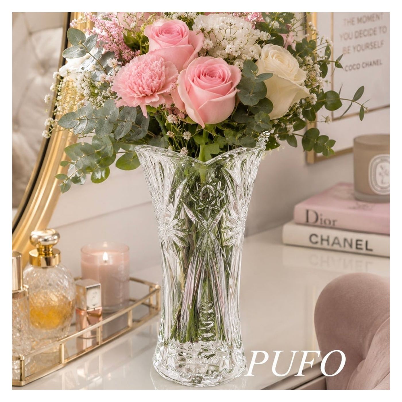 Pufo Glam Елегантна Декоративна Стъклена Ваза за Цветя и Аранжировки, 17 см - Модерен Дизайн за Всекидневна и Интериорна Декорац - 3
