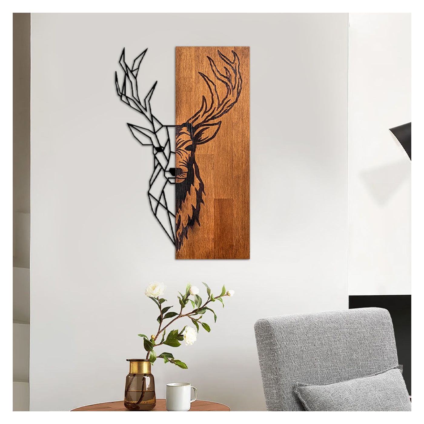 Дървена - метална стенна декорация Deer TopMebel в орех - черен цвят 36x3x58cm - 2