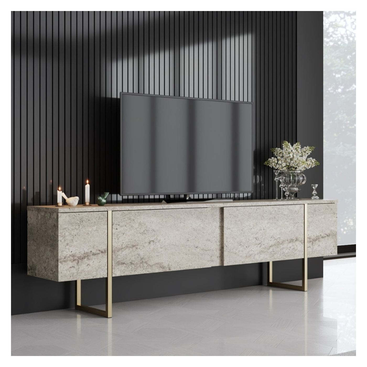Меламиново ТВ обзавеждане Luxe TopMebel в травертин - златен цвят 180x30x50cm - 2