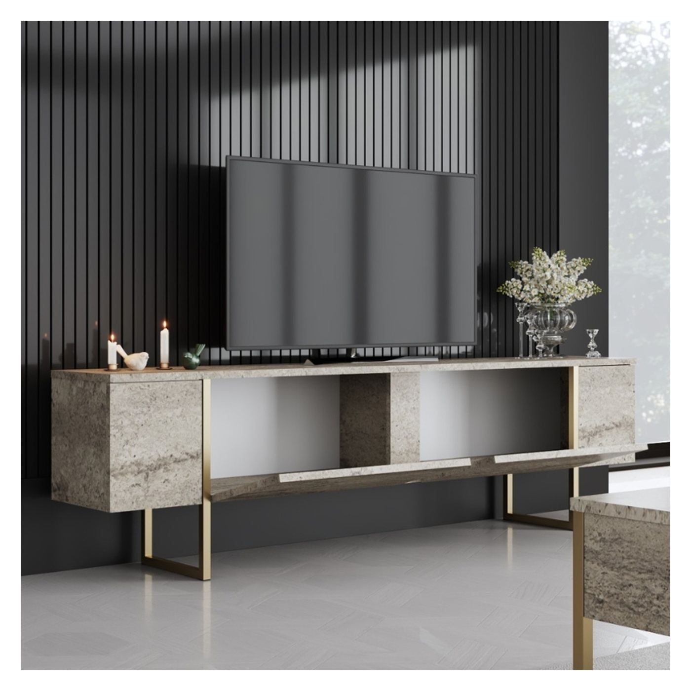 Меламиново ТВ обзавеждане Luxe TopMebel в травертин - златен цвят 180x30x50cm - 3