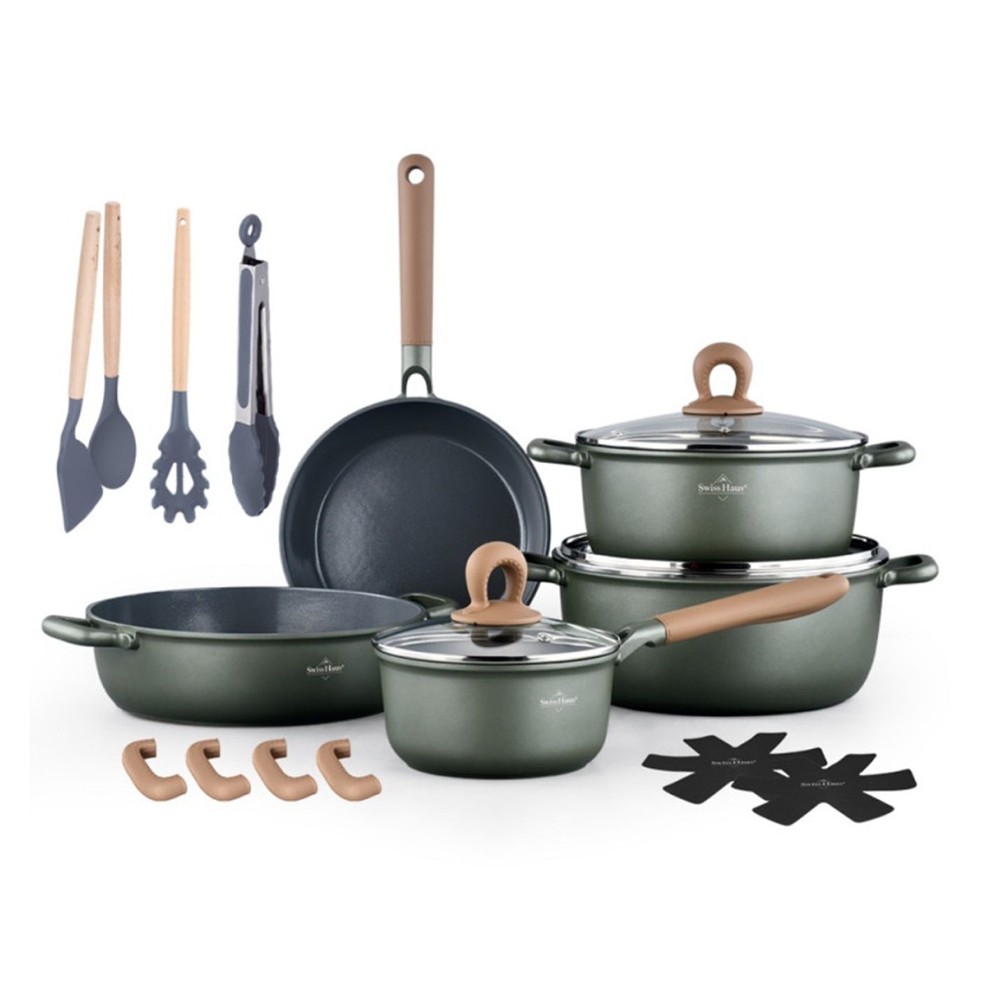 Set de vase de gătit Swiss Haus SH-ZL3018G, 18 piese, acoperire ceramică Sapphire, fără PFAS, inducție, verde