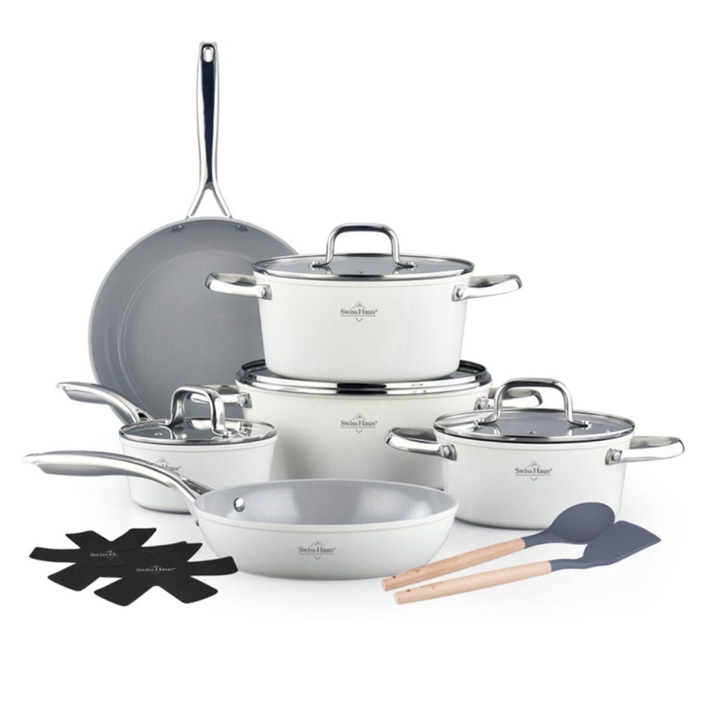 Set de vase de gătit Swiss Haus SH-CC4014CR, 14 buc, ceramică Sapphire, inducție, cuptor până la 220°C, fără PFAS, luciu crem