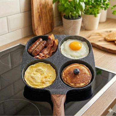 Ponev s 4 predali za jajca, omlete in palačinke, ​​s premazom proti prijemanju, 19x19 cm