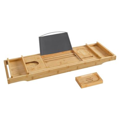 Tava extensibila pentru cada din bambus, cu suport pentru carte, pahar si sapun, (75-109)x23x5 cm, natur
