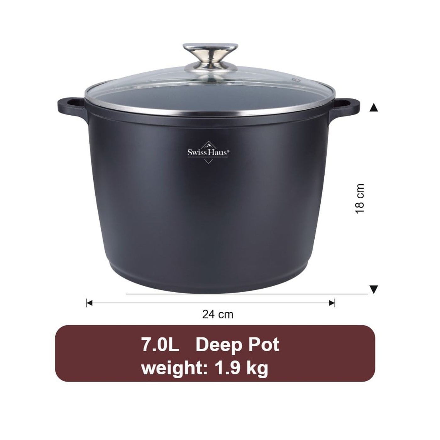 Λεβέτας με καπάκι Swiss Haus-Basle, αλουμίνιο, 24x18 εκ., 7 L, μαύρος - 2