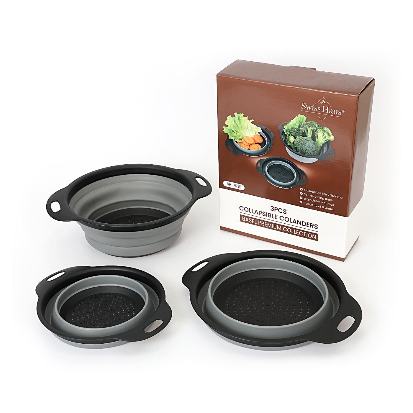 Σετ 3 διηθητήρες αναδιπλούμενοι Swiss Haus-Bakeware, πολυπροπυλένιο, 29,5x24x8,5 εκ., γκρι - 5