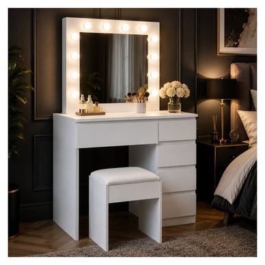 Masă de toaletă și machiaj Hollywood Pro, albă, cu 5 sertare, oglindă și 12 LED-uri, taburet tapițat, 94x43x140 cm