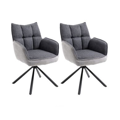 2 Set scaun de sufragerie Ognir 2, textile, gri inchis + gri deschis, cadru metalic negru, cu cotiere