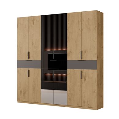 Meblast, Dulap modern, 270 x 240 x 53 cm, Stejar Lancelot, Cu Oglinzi, Picioare Reglabile, Manere Hexagonale