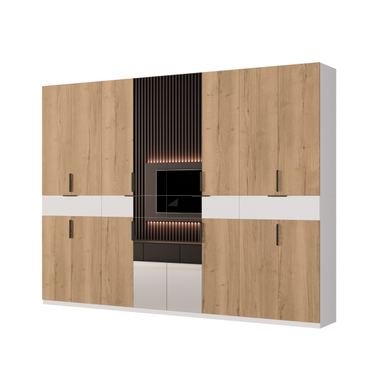 Meblast, Dulap modern, 360 x 240 x 53 cm, Alb / Stejar Halifax, Cu Oglinzi, Picioare Reglabile, Manere Hexagonale