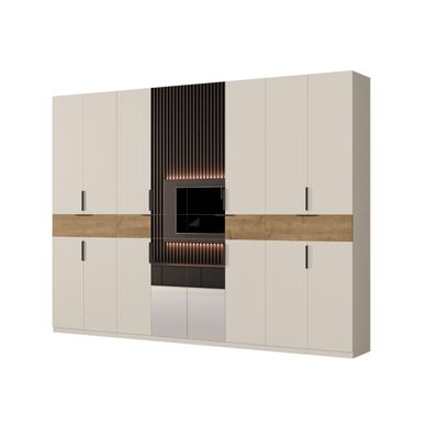 Meblast, Dulap modern, 360 x 240 x 53 cm, Bej Casmir / Stejar Carpenter Whisky, Cu Oglinzi, Picioare Reglabile