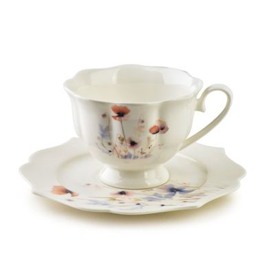 ISABELLE Komplet 6 porcelanastih skodelic s podstavki, 200 ml, beli cvetlični vzorec