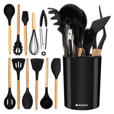 Ruhhy Set de Ustensile de Bucătărie din Silicon, 12 Piese cu Suport, Negru