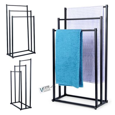 Suport pentru prosoape din metal vopsit electrostatic Vilde — 3 bare pentru uscare, construcție stabilă, Negru, 44 x 21 x 86 cm