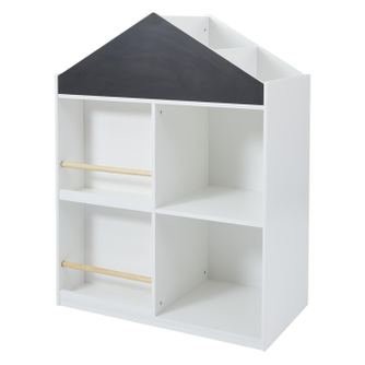 GINGER HOME Gyerekkönyvespolc és játéktároló, házikó polcokkal és rajztáblával, Montessori, fehér, 72,5x40x95,8 cm