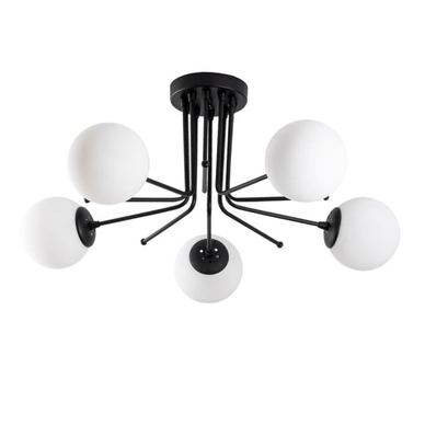 Lustra Cojom Katy 5N AB ,5xE27, metal negru, abajur sticla sferic, alb mat, apropiata de tavan, inaltime 35 cm