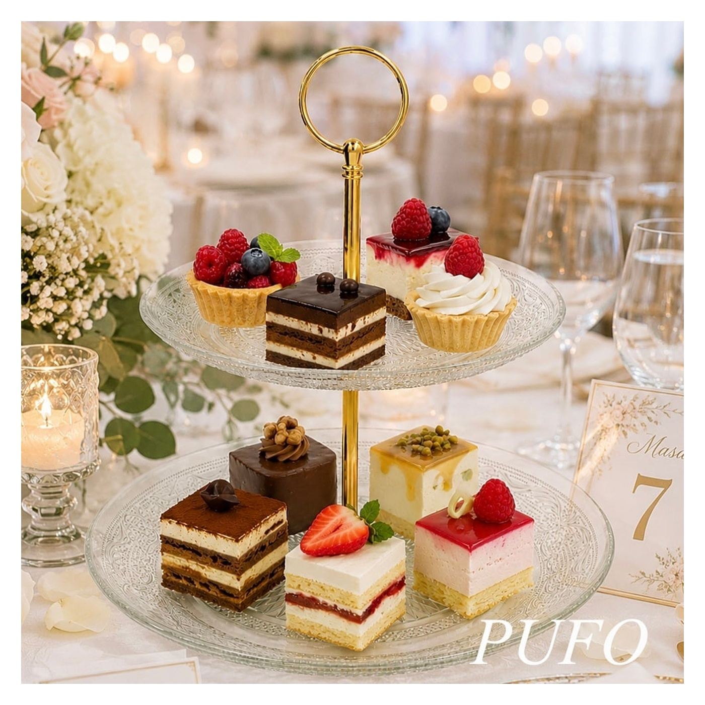 Етажерка за плодове Pufo Luxury от стъкло с 2 нива, за сладкиши, мини тарталети, плодове, предястия, златна метална дръжка - 3